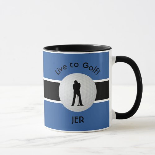 Live Golf Ball Golfer Figure Black Blue Monogram Mug