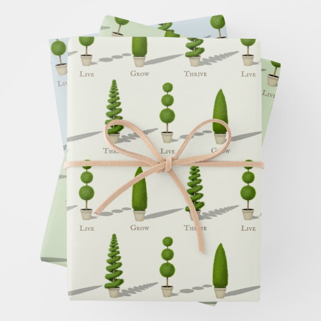 "Live Grow Thrive" Customizable Cypress Topiaries Wrapping Paper Sheets (In situ)