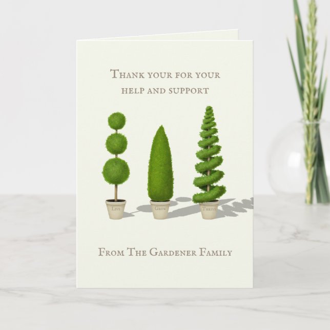 "Live Grow Thrive" Customizable Cypress Topiary Letterpress Thank You Card (Front)