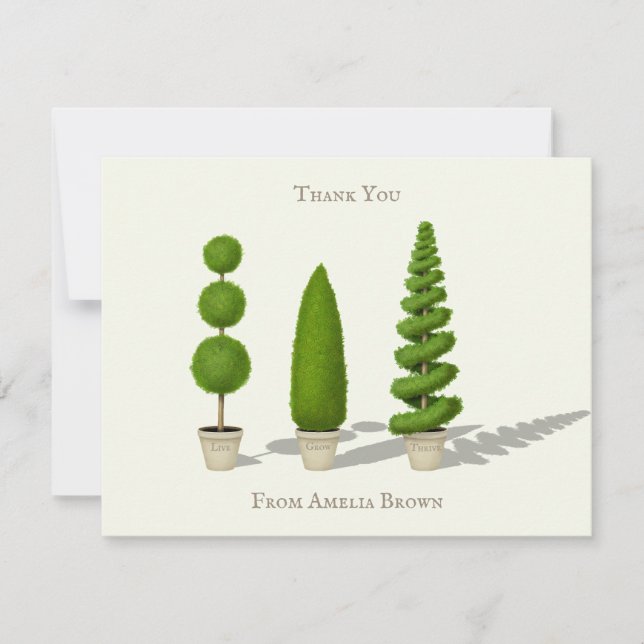 "Live Grow Thrive" Customizable Cypress Topiary Note Card (Front)