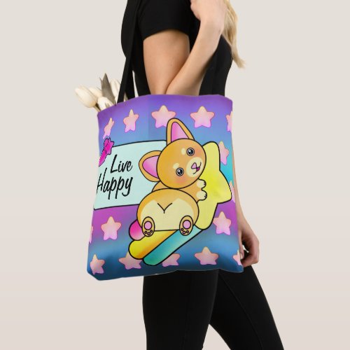 Live Happy Cute Corgi in Pretty Rainbow Stars Tote Bag