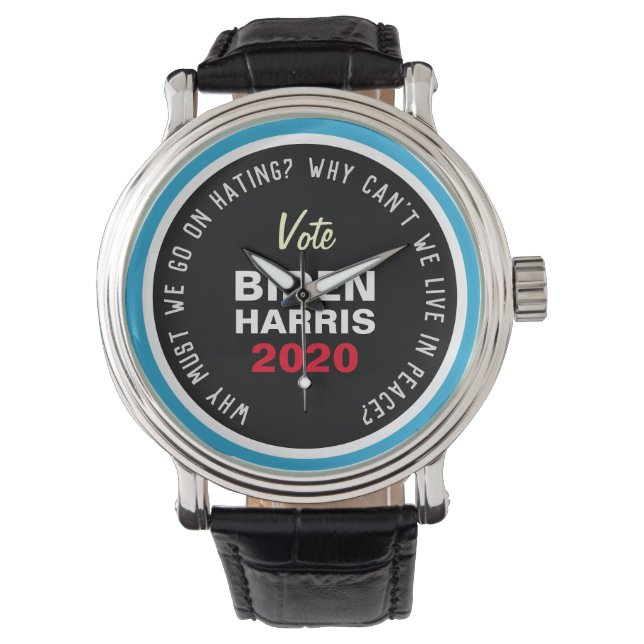 Live In Peace Vote BIDEN HARRIS Leather Strap Watch (Front)
