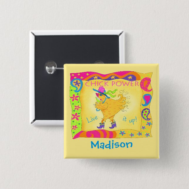 Live It Up Yellow Chick Power Name Badge Button (Front & Back)