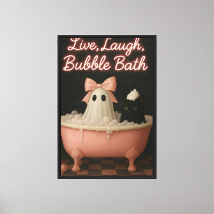 Live, Laugh, Bubble Bath- Cute Cat and Ghost Canvas Print