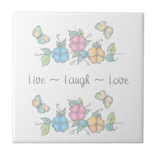 Live Laugh Butterfly Floral Watercolor Ceramic Tile