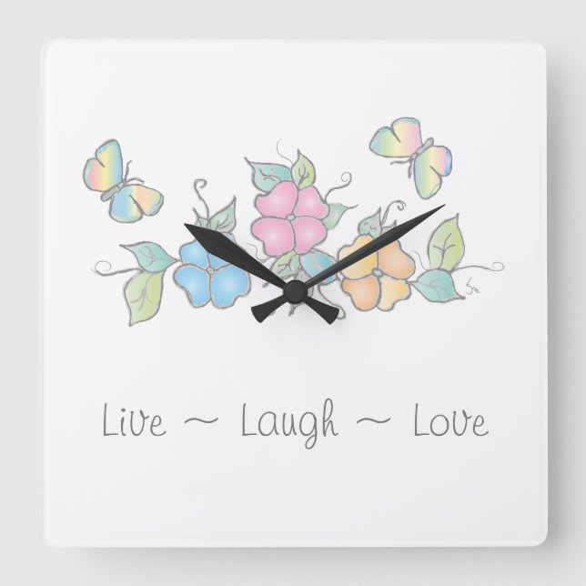 Live Laugh | Butterfly Floral Watercolor Square Wall Clock (Front)