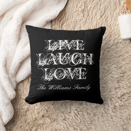 Live Laugh Love black and white family name Throw Pillow