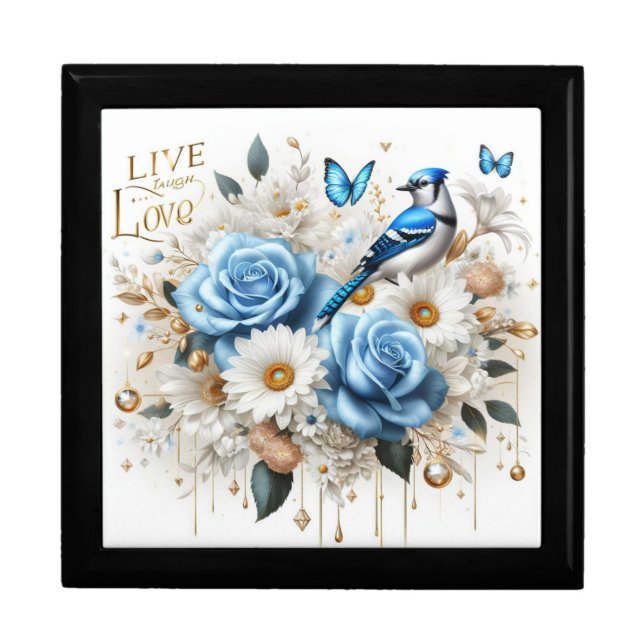 Live Laugh Love Blue Jay, Butterflies and Flowers Gift Box (Front)