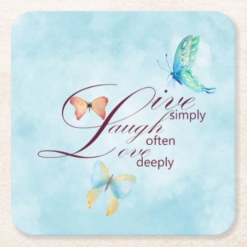 Live Laugh Love Butterflies   Square Paper Coaster