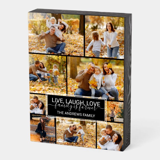 Live Laugh Love Family is Forever Photo Collage Wooden Box Sign (Angled Vertical)