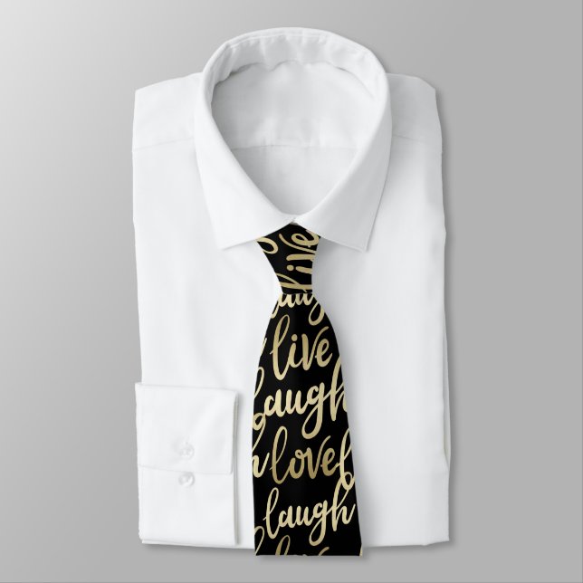Live Laugh Love Faux Gold Lettering Black Neck Tie (Tied)