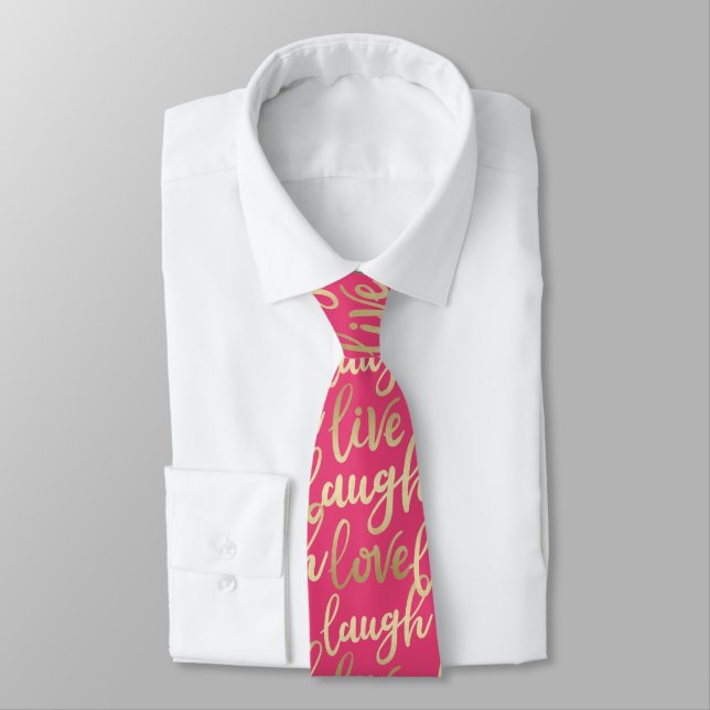 Live Laugh Love Faux Gold Lettering Deep Pink Neck Tie (Tied)