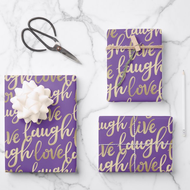 Live Laugh Love Faux Gold Lettering Pattern Wrapping Paper Sheets (Front)