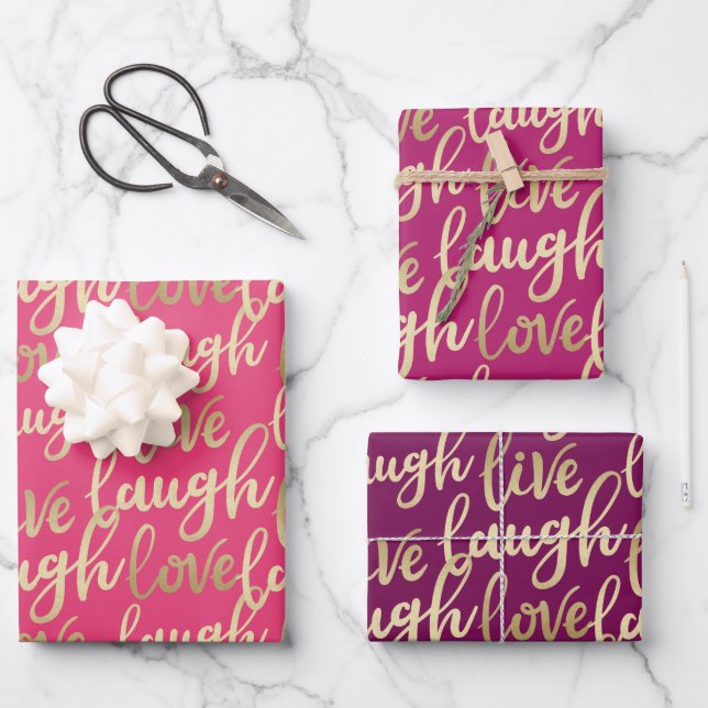 Live Laugh Love Faux Gold Lettering Pattern Wrapping Paper Sheets (Front)