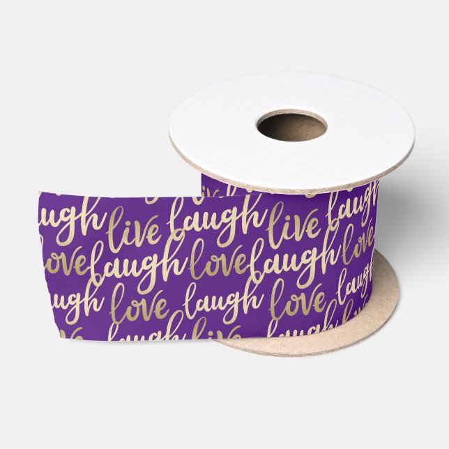 Live Laugh Love Faux Gold Lettering Royal Purple Satin Ribbon (Spool)