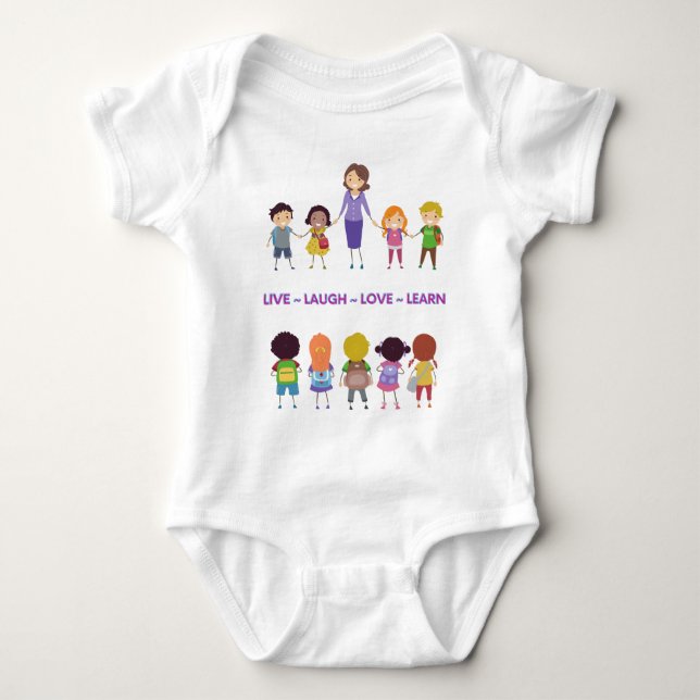 Live Laugh Love Learn School Teacher Baby Shower Bodysuit (Front)