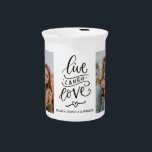 Live, Laugh, Love Personalized Pitcher<br><div class="desc">Brighten any gathering with this personalized "Live, Laugh, Love" pitcher. Add names to create a unique centerpiece for serving your favorite beverages. Featuring a stylish script design with charming red heart accents, this pitcher adds a touch of warmth and personality to any table. Perfect for everyday use or as a...</div>
