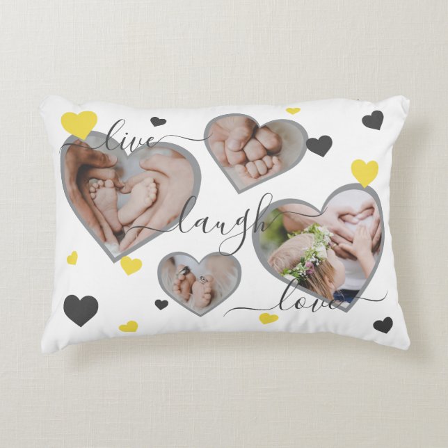 Live Laugh Love Photo Hearts Gray & Yellow Accent Pillow (Front)