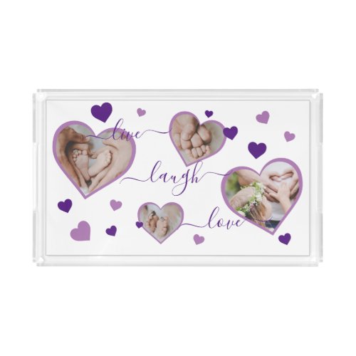 Live Laugh Love Photo Hearts Purple Acrylic Tray