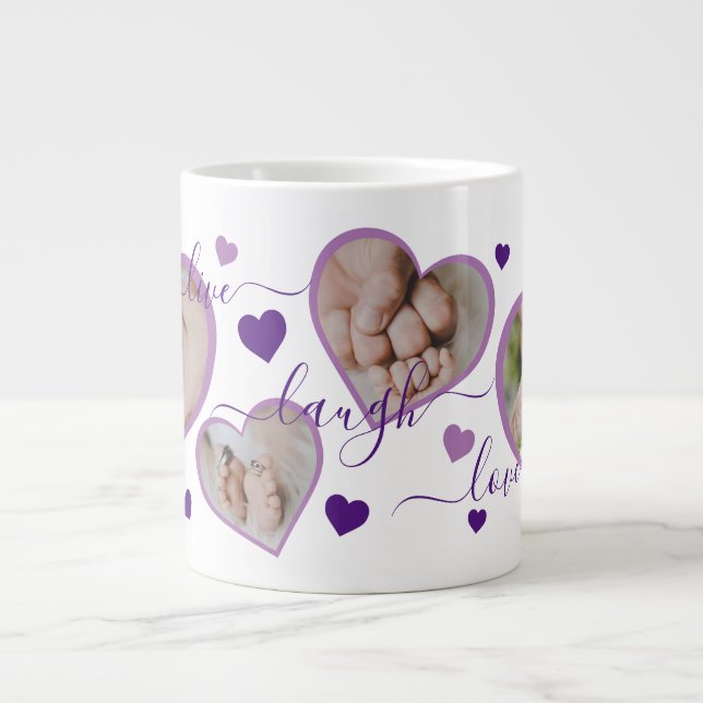 Live Laugh Love Photo Hearts Purple Giant Coffee Mug (Front)