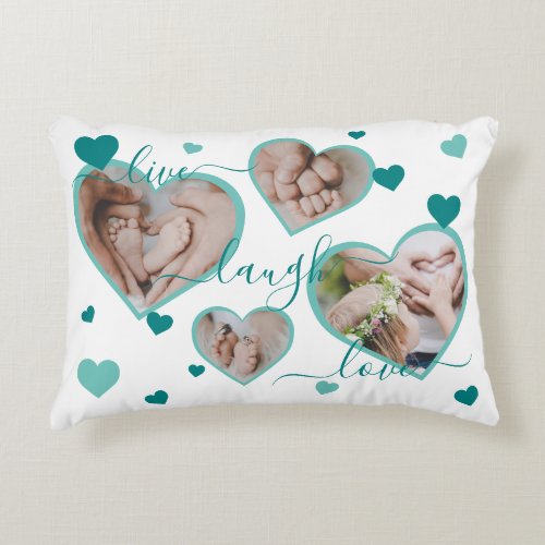 Live Laugh Love Photo Hearts Teal Accent Pillow
