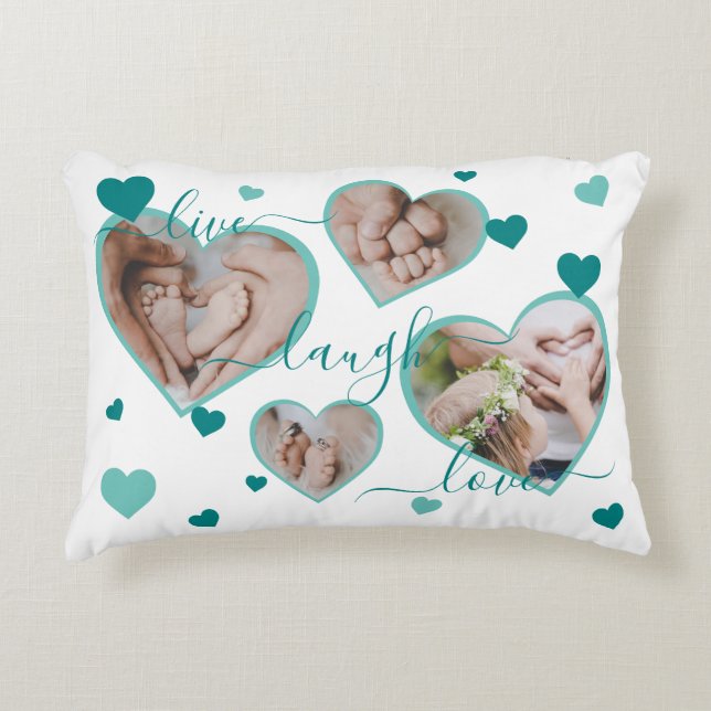 Live Laugh Love Photo Hearts Teal Accent Pillow (Front)