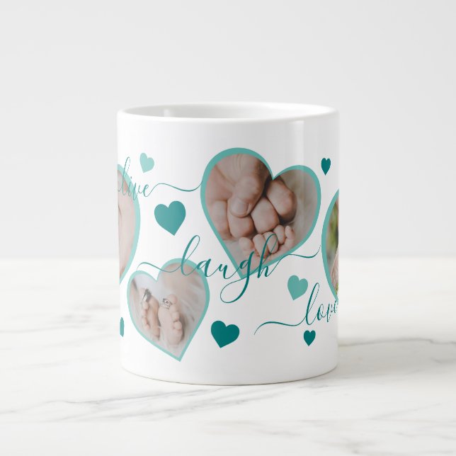 Live Laugh Love Photo Hearts Teal Giant Coffee Mug (Front)