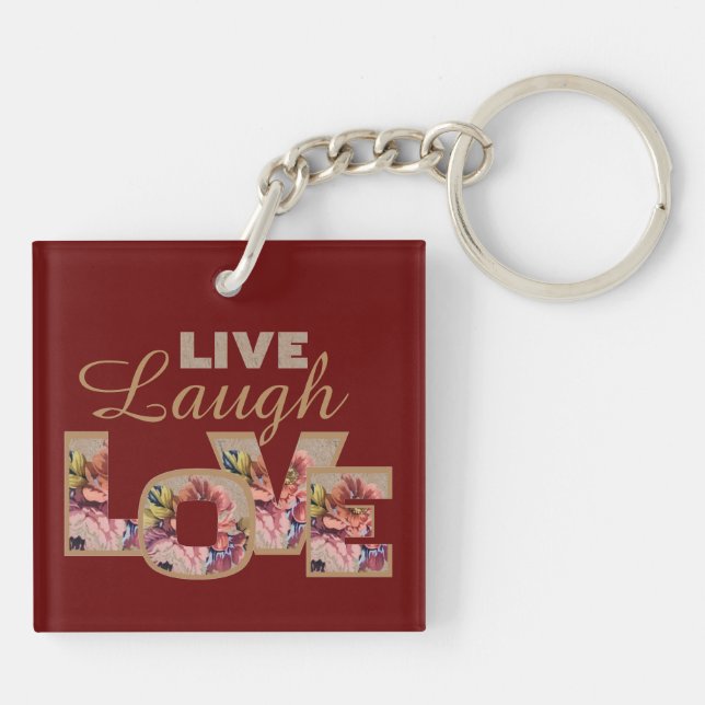Live, Laugh, Love Rustic Floral on Burgundy Keychain (Back)