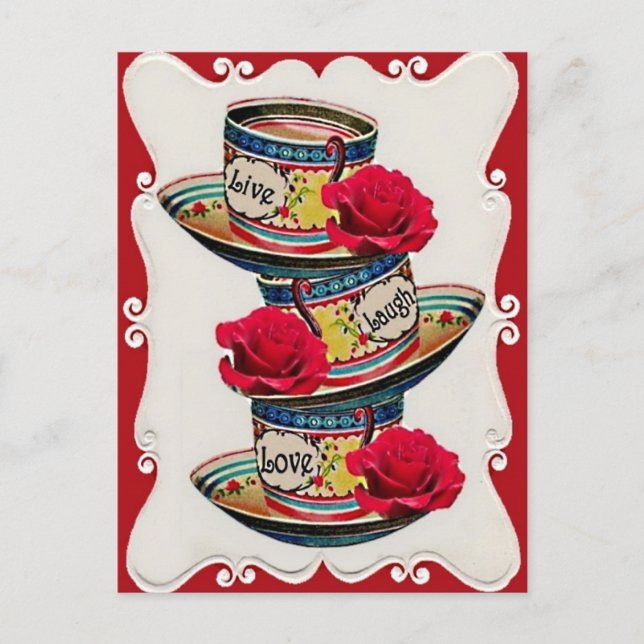Live Laugh Love Stacked Teacups Postcard (Front)