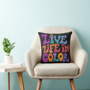 Live Life In Color Retro 70s Psychedelic Personali Throw Pillow