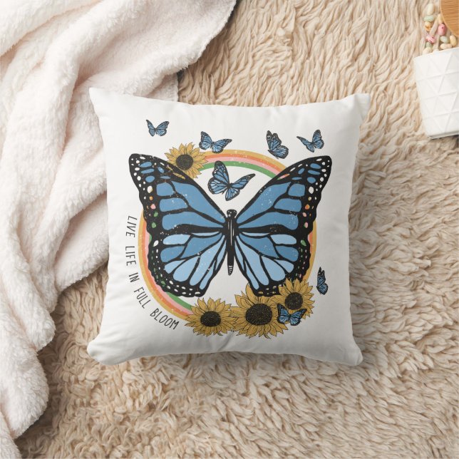 Live Life in Full Bloom Butterfly Sunflowers  Throw Pillow (Blanket)