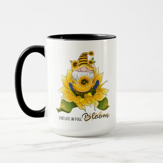 "Live Life in Full Bloom" Gnome/Sunflowers Custom Mug (Left)