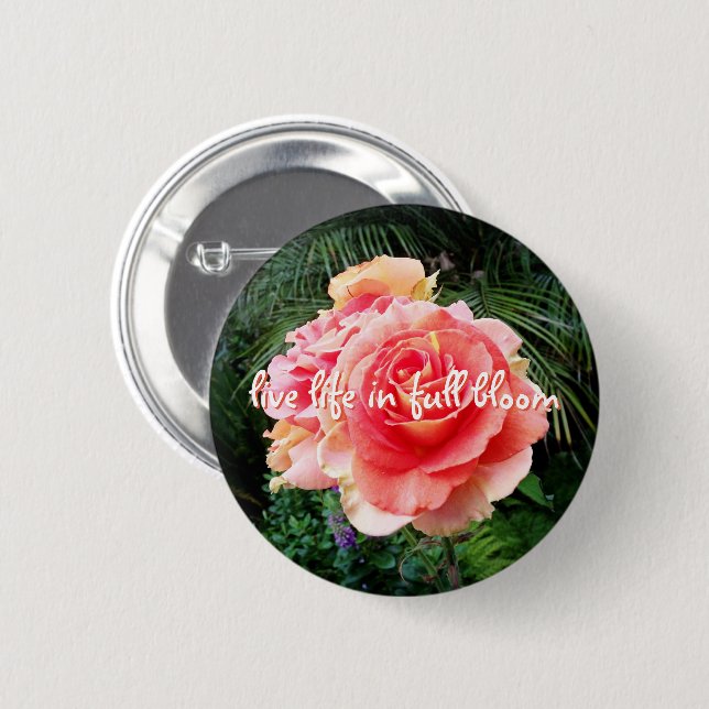 Live life in full bloom quote pink rose photo button (Front & Back)