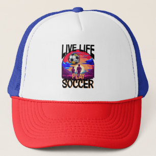 Live Life Play Soccer, Retro Football Ball Player Trucker Hat
