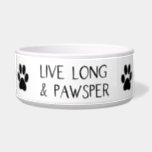 Live Long Pawsper | Paw Prints Bowl<br><div class="desc">Cute pet accessories with funny pun quote that says "live long & pawsper" in cute hand lettered font. There are black paw prints around the bowl as well. Modern and hilarious design.</div>