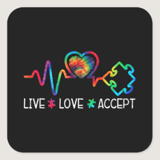 Live Love Accept Autism Awareness Heart Beat Mom D Square Sticker