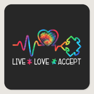 Live Love Accept Autism Awareness Heart Beat Mom D Square Sticker