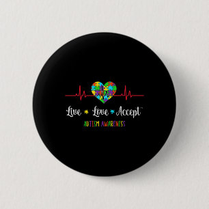 Live Love Accept Autism Awareness Heartbeat Blue A Button