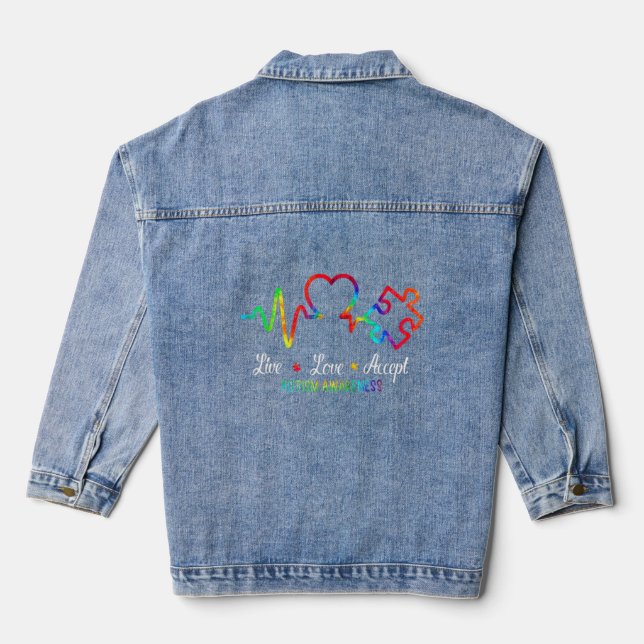 Live Love Accept Autism Awareness Heartbeat Blue A Denim Jacket (Back)