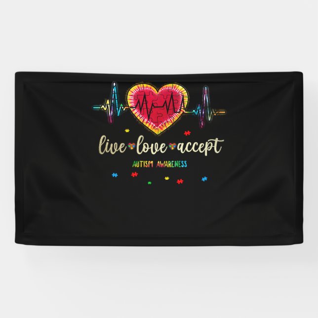 Live Love Accept Autism Heart Beat Puzzle Banner (Horizontal)