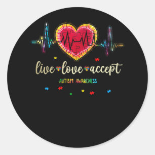 Live Love Accept Autism Heart Beat Puzzle Classic Round Sticker