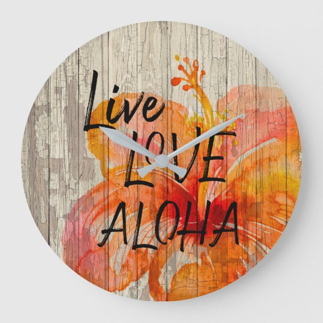 Live Love Aloha Hibiscus Beach Sign Large Clock (Front)