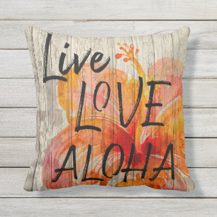 Live Love Aloha Hibiscus Beach Sign Outdoor Pillow