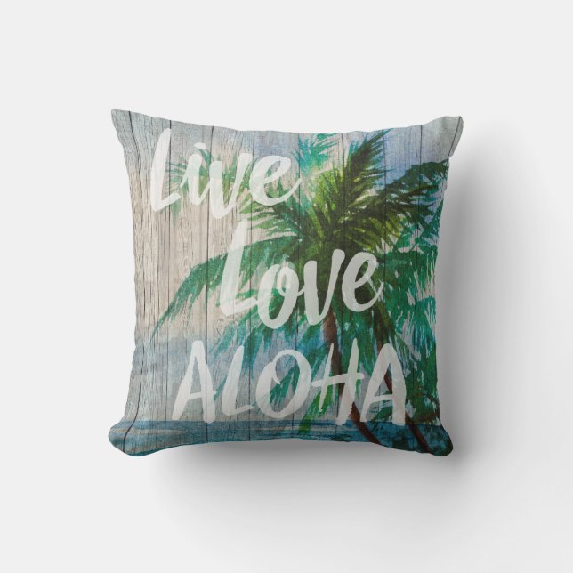 Live Love Aloha Palm Tree Beach Sign Outdoor Pillow (Front)