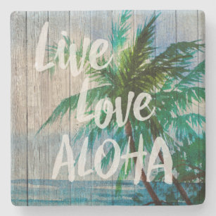 Live Love Aloha Palm Tree Beach Sign Stone Coaster
