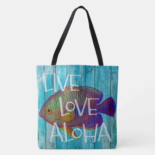 Live Love Aloha Tropical Fish Beach Sign Beach Bag (Front)