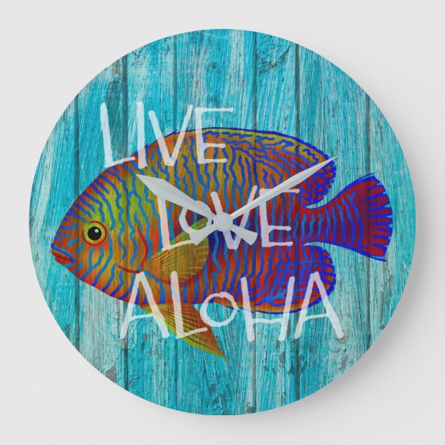 Live Love Aloha Tropical Fish Beach Sign Large Clock (Front)