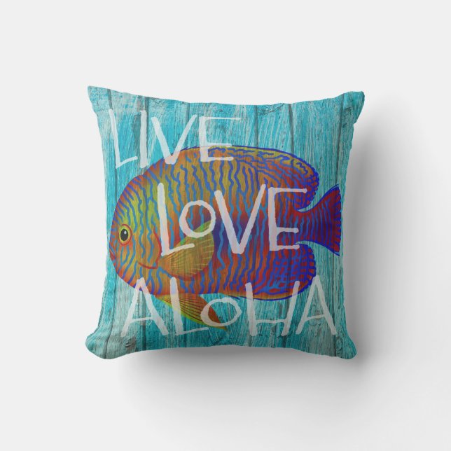 Live Love Aloha Tropical Fish Beach Sign Outdoor Pillow (Front)
