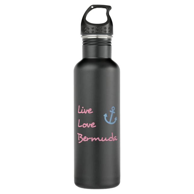 Live Love Bermuda Script Text with Anchor Dark Stainless Steel Water Bottle (Front)