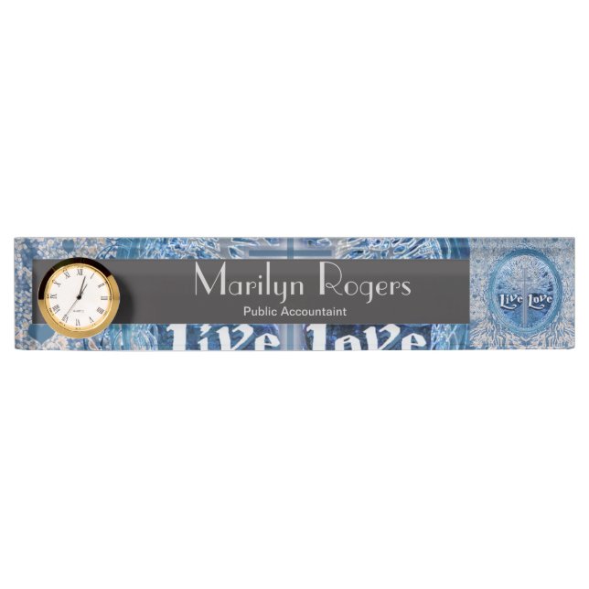 Live Love Cross Blue Tree of Life Pattern Desk Name Plate (Front)